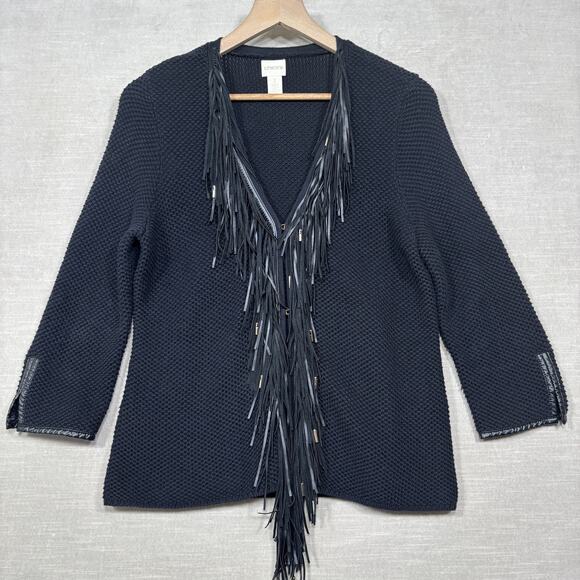 Chicos Black Fringe Cardigan Sweater Sz 1 Med Textured Knit Boho Edgy Statement - Picture 1 of 11